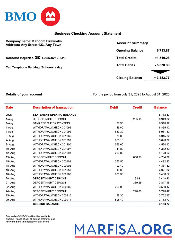 Blank USA BMO Bank of Montreal business checking account statement Word and PDF template 2